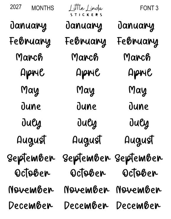 2027 | Months | The Basic Edit planner stickers, Small / Font 3 / Glossy