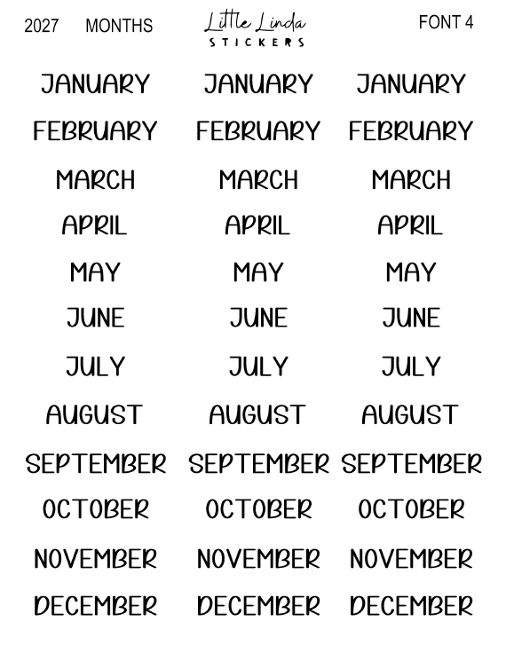 2027 | Months | The Basic Edit planner stickers, Small / Font 4 / Glossy