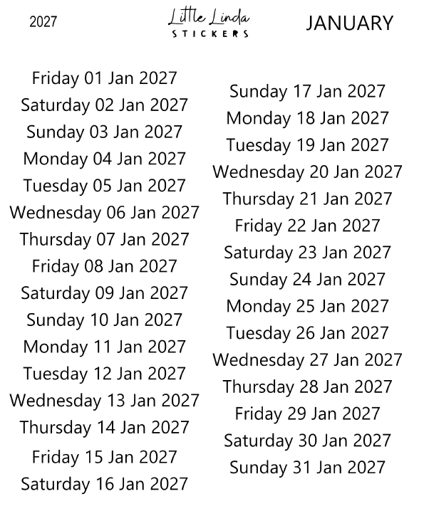 2027 | Daily Dates | The Basic Edit planner stickers, January / Glossy