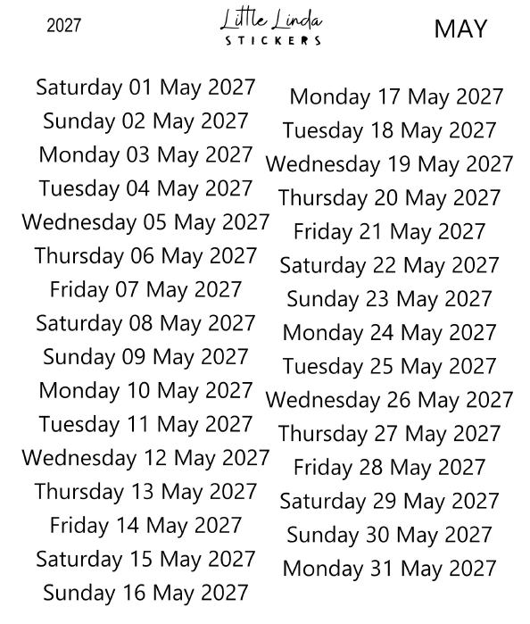 2027 | Daily Dates | The Basic Edit planner stickers, May / Glossy