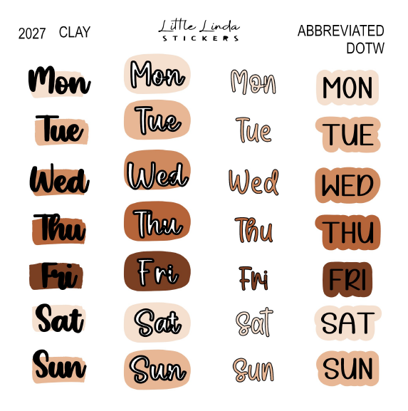 2027 | Abbreviated Days of the Week | The Basic Edit planner stickers, Clay / Glossy