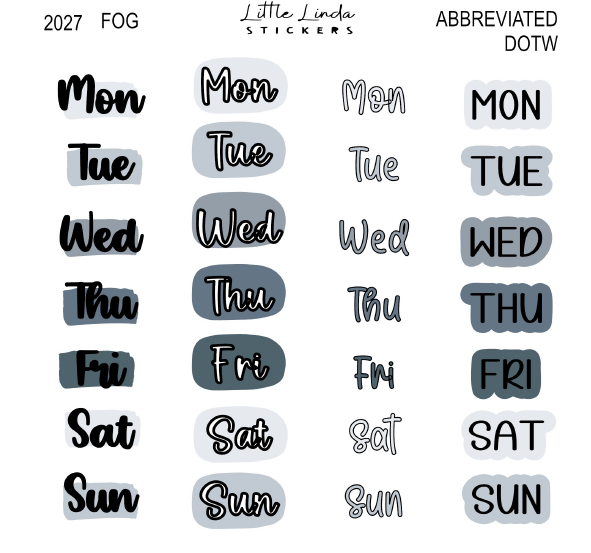 2027 | Abbreviated Days of the Week | The Basic Edit planner stickers, Fog / Glossy